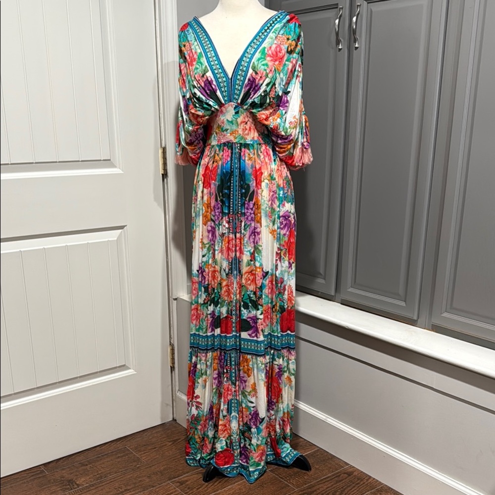 Blue and Pink Tiered Maxi Dress with Plunge Neckline